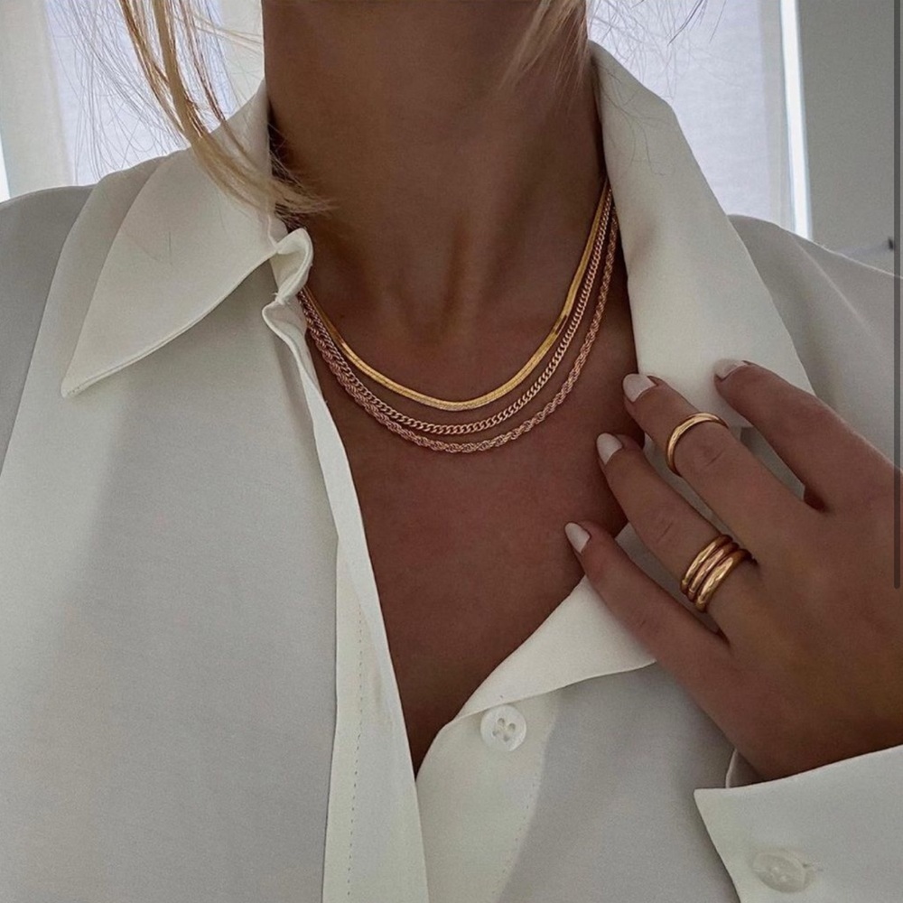 14k Gold Plated 3pc Herringbone Snake Cuban Necklace Set